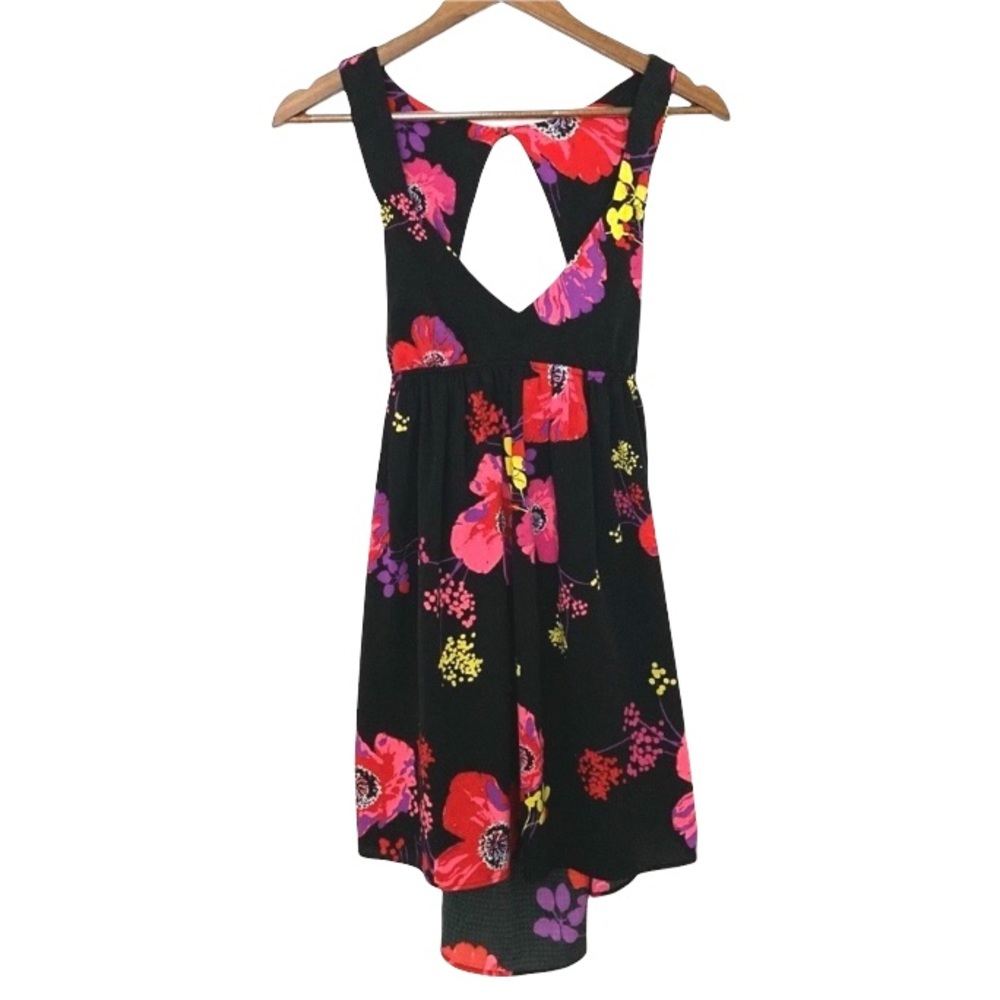 ROXY Love Seeker Black & Pink Floral Sweetheart Mini High-Low Cutout Dress